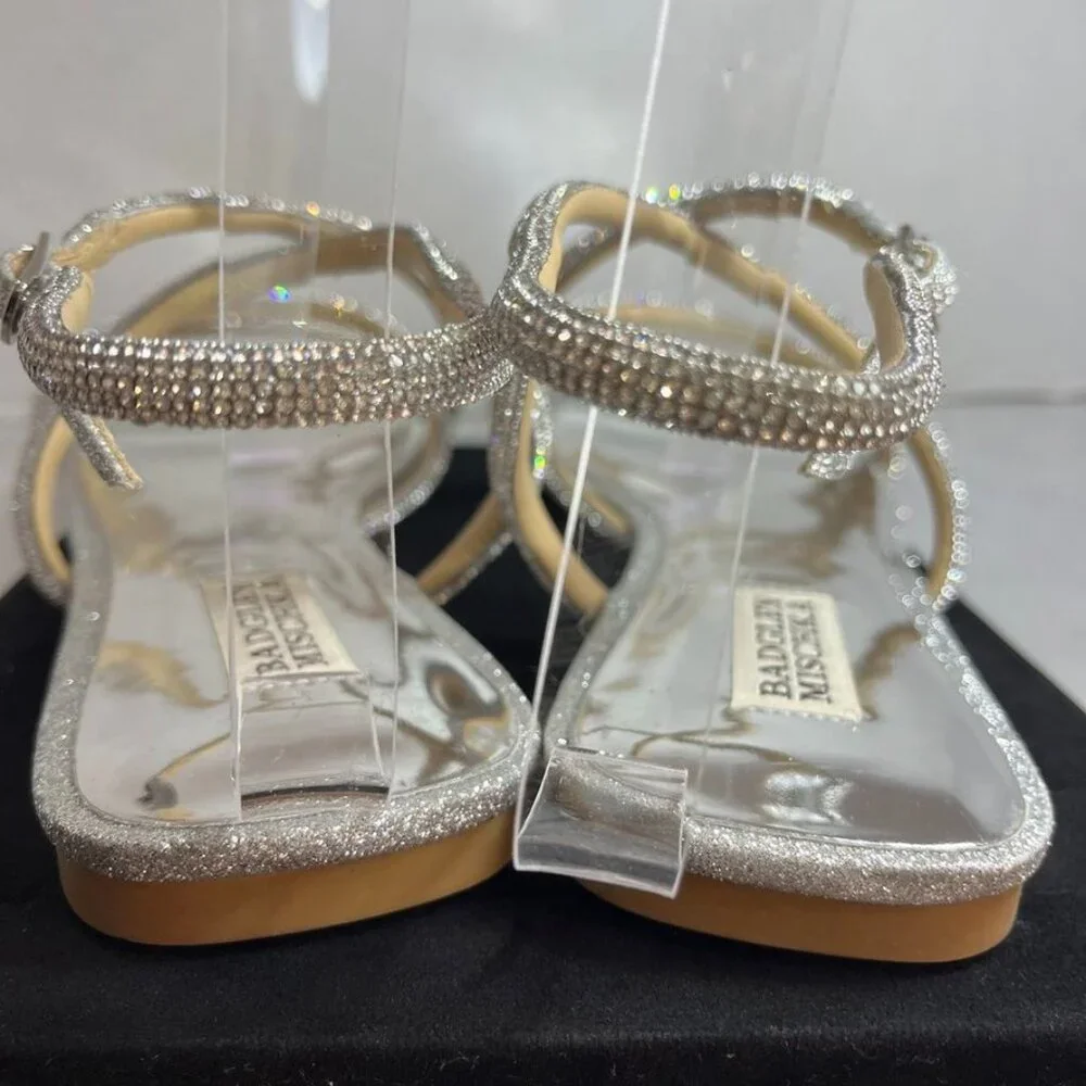 Badgley Mischka Crystal Strappy Flat Sandals Silver 10M
